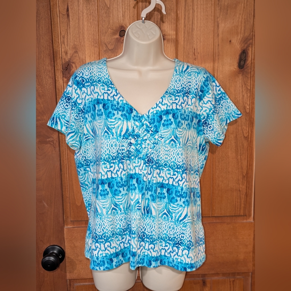 Caribbean Joe‎ Blue and White Fitted Short Sleeve Blouse